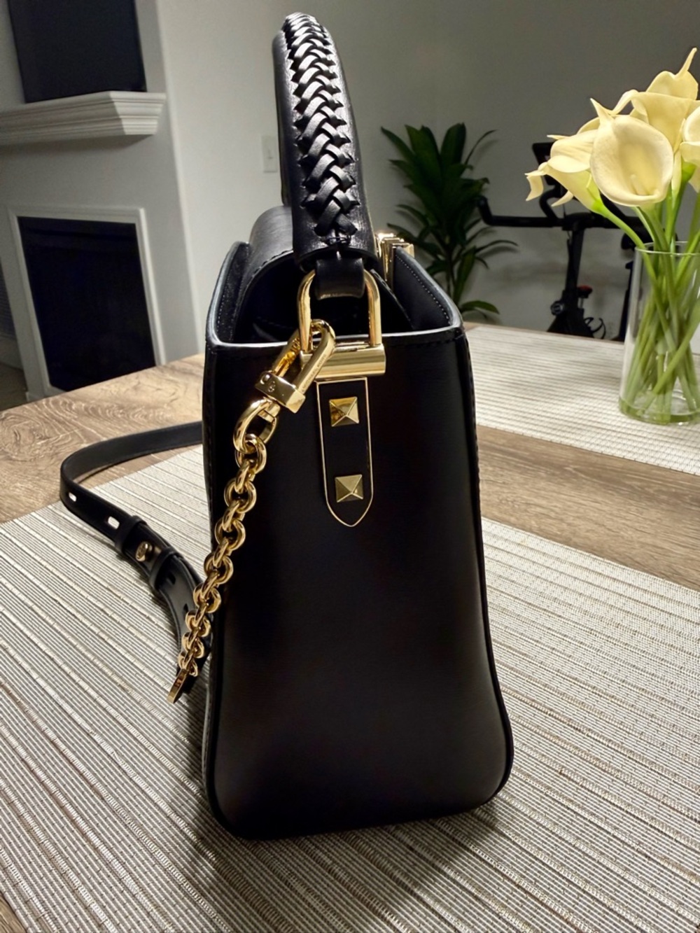 Michael Kors Black Leather Satchel with Gold MK Hardware - Picture 4 of 7